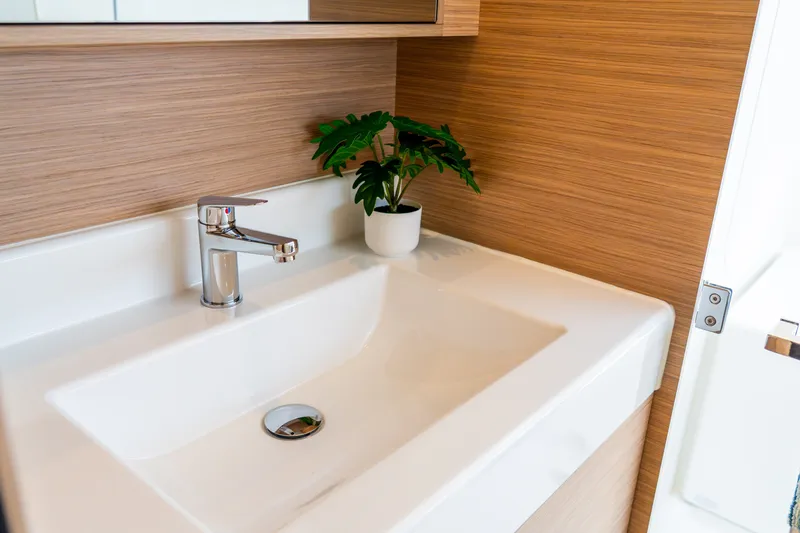 Slide: The Image of Modern bathroom sink with chrome faucet and potted plant on Lagoon 38, 2026 model. - 79