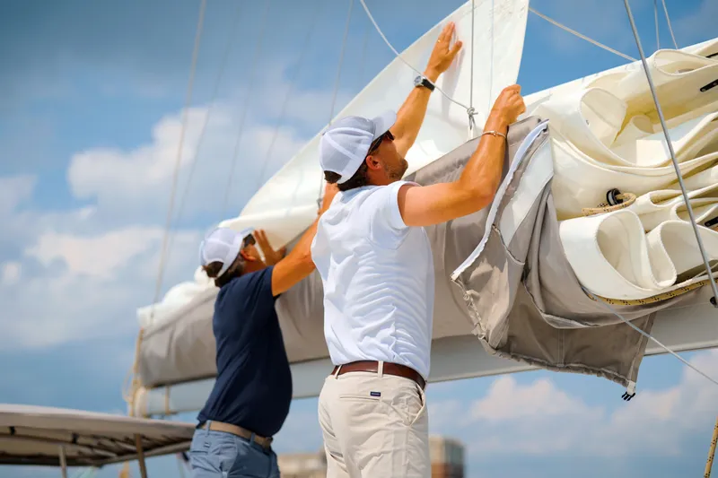 Slide: The Image of Two people adjusting sails on a 2026 Lagoon 38 catamaran. - 142