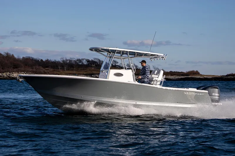 Slide: The Image of Manufacturer Provided Image: 2025 Southport 27 FE boat cruising on open water, side view. - 2