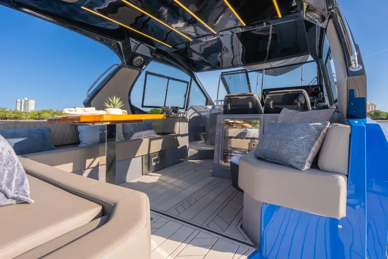 Slide: The Image of Luxurious interior of 2026 Hanover 347 yacht with modern seating and elegant design. - 9