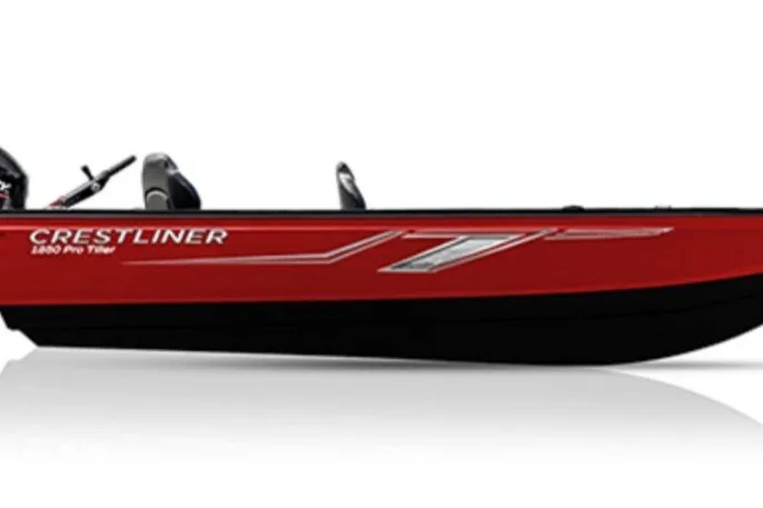 Slide: The Image of 2027 Crestliner 1850 Pro Tiller boat, red exterior, side view. - 2
