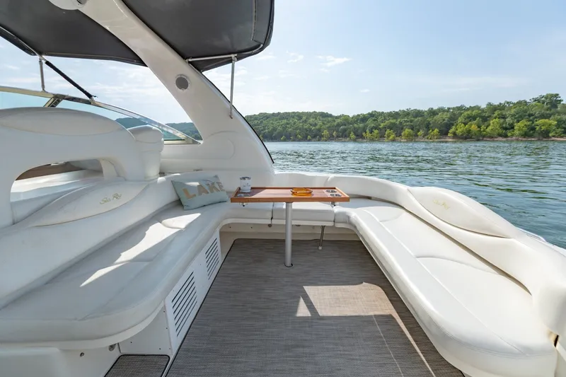 Slide: The Image of Luxurious 2000 Sea Ray 410 Sundancer yacht interior with lake view. - 16