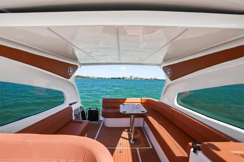 Slide: The Image of Luxurious interior of 2026 Hanover 355 boat with ocean view and elegant seating. - 5