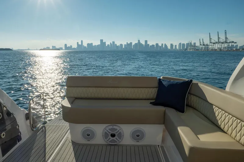 Slide: The Image of Luxurious Hanover 375 yacht interior with city skyline and ocean view, 2026 model. - 48