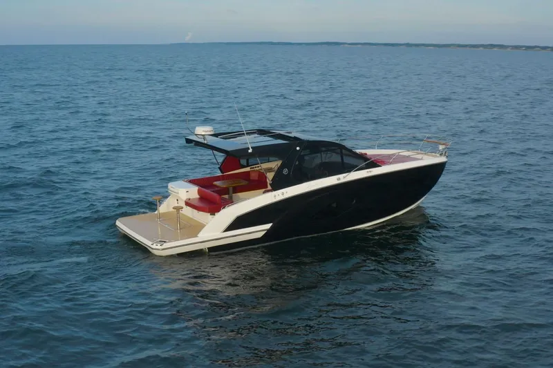 Slide: The Image of Luxury Hanover 387 yacht cruising on open sea, 2026 model. - 1