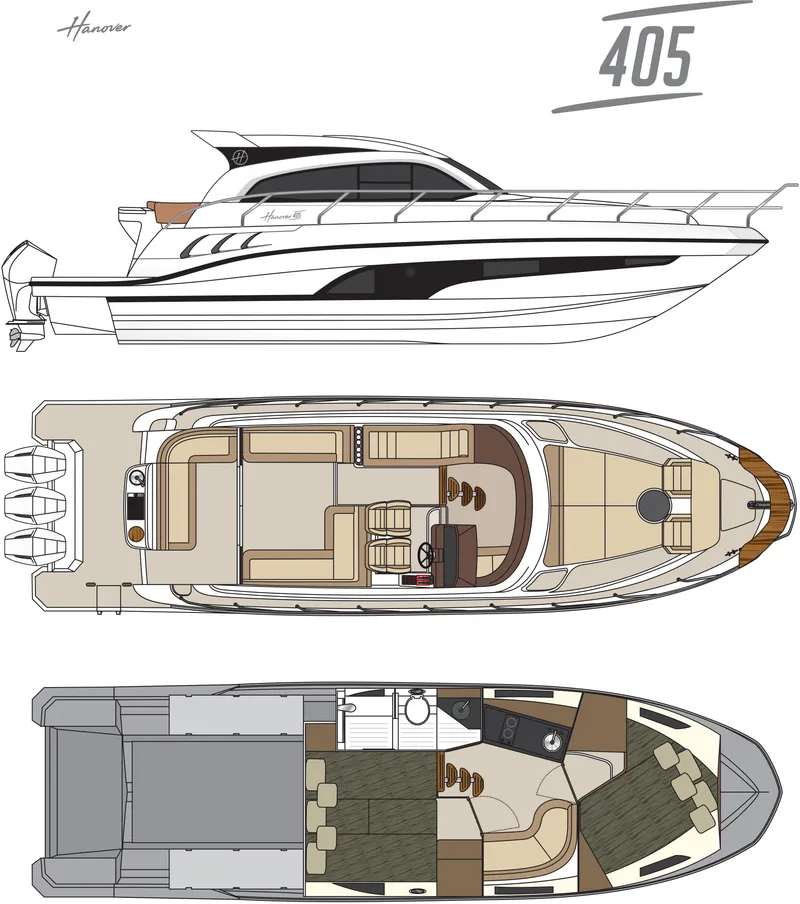 Slide: The Image of The image shows a diagram of the Hanover 415, a modern boat with sleek design and luxurious interior. - 43