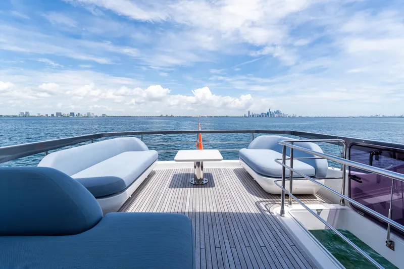 Slide: The Image of Luxurious 2023 Azimut Fly 68 yacht deck with ocean view and city skyline. - 21