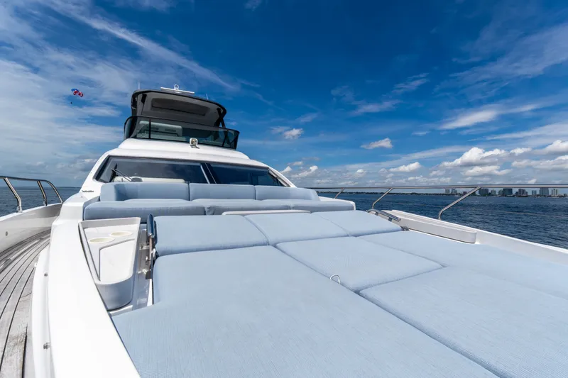 Slide: The Image of Luxurious 2023 Azimut Fly 68 yacht with spacious deck, cruising under clear blue skies. - 16
