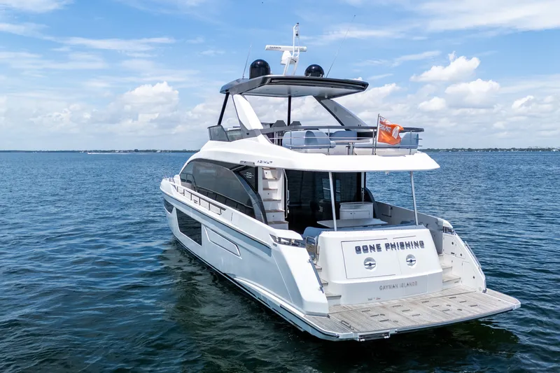 Slide: The Image of 2023 Azimut Fly 68 yacht on open water, rear view with clear skies. - 88