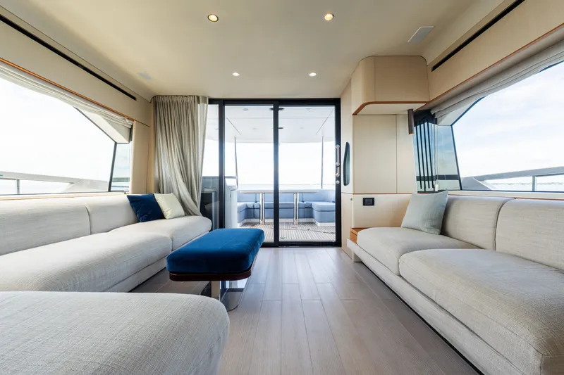 Slide: The Image of Luxurious interior of 2023 Azimut Fly 68 yacht with modern seating and elegant decor. - 67