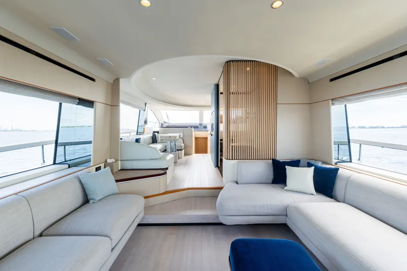 Slide: The Image of Luxurious interior of 2023 Azimut Fly 68 yacht with modern seating and ocean view. - 52
