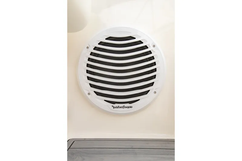 Slide: The Image of White Rockford Fosgate speaker on 2004 Sea Ray 340 Sundancer boat interior. - 40