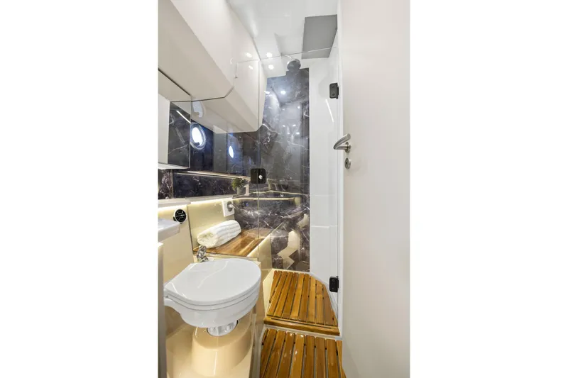 Slide: The Image of Luxurious bathroom interior in 2026 Hanover 447 yacht with wooden flooring and modern fixtures. - 54
