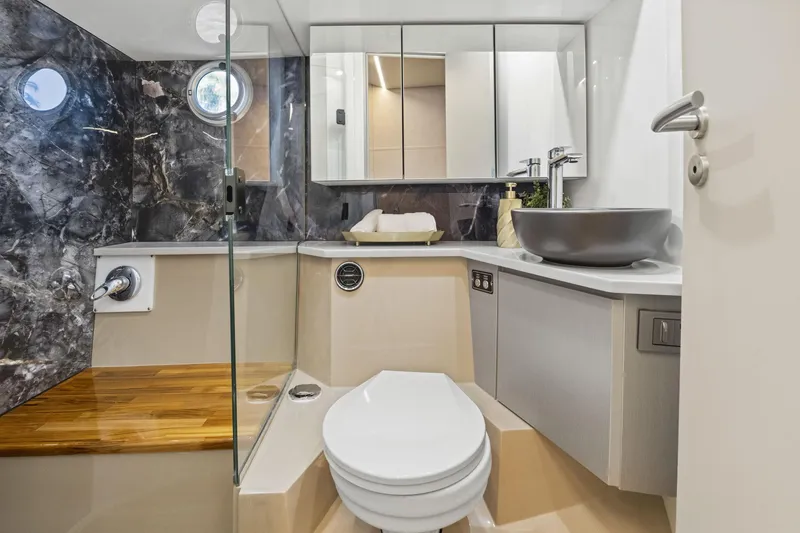 Slide: The Image of Modern bathroom in Hanover 447 yacht, 2026 model, featuring sleek design and luxury finishes. - 56