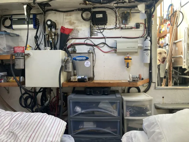 Slide: The Image of The engine room of a 1986 BHM 32 boat with various equipment and a dog in the background. - 16