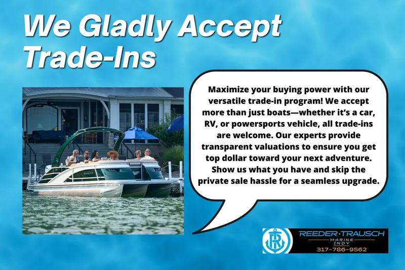 Slide: The Image of "We gladly accept trade-ins" banner with 2017 Southbay 725 RS DLX 3.0+ boat on water. - 3