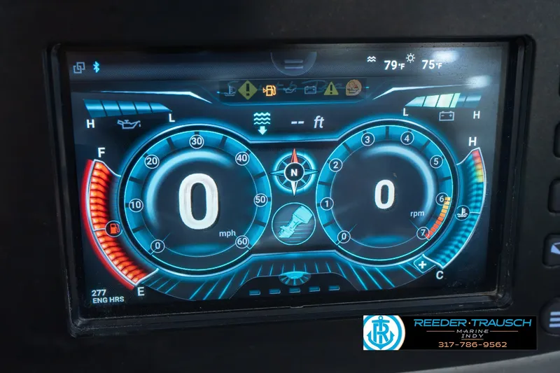 Slide: The Image of Digital dashboard display of a 2017 South Bay 725 RS boat, showing speed and RPM gauges. - 40