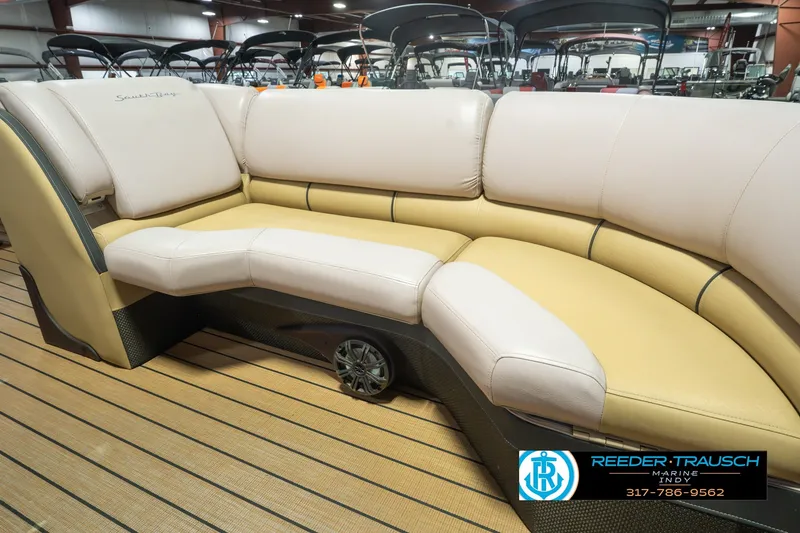 Slide: The Image of Luxurious seating on 2017 South Bay 725 RS pontoon boat, displayed indoors. - 45