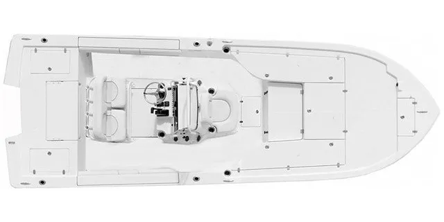 Slide: The Image of Top view of a 2027 Sea Born FX25 Bay boat with a central console. - 2