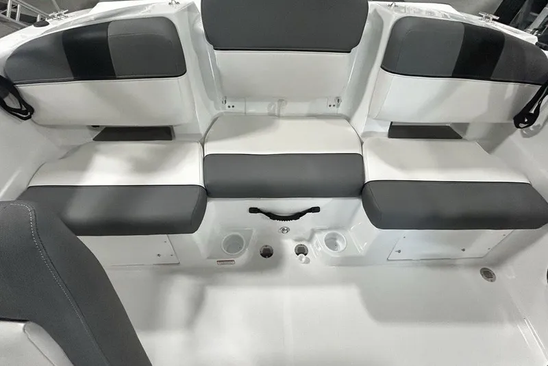 Slide: The Image of Interior seating of 2026 Tahoe T21 boat, featuring gray and white cushioned seats. - 14