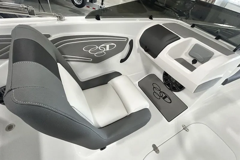 Slide: The Image of Interior of 2026 Tahoe T21 boat featuring sleek gray and white seating. - 7