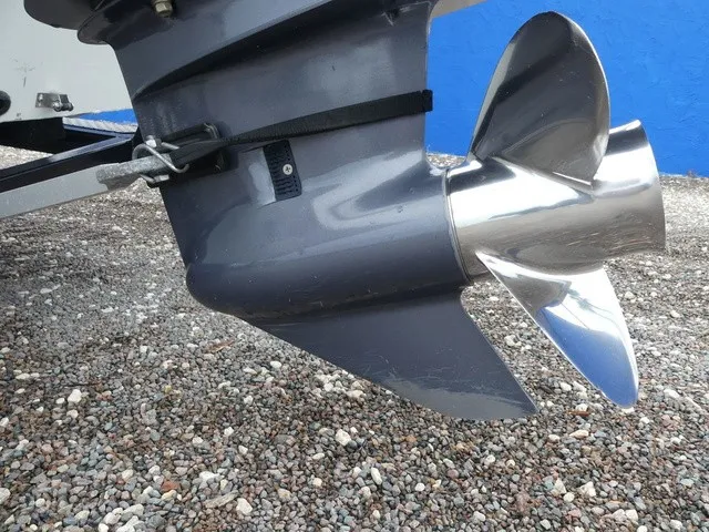 Slide: The Image of Close-up of a shiny propeller on a 2018 Alumacraft 175 PROWLER boat. - 12
