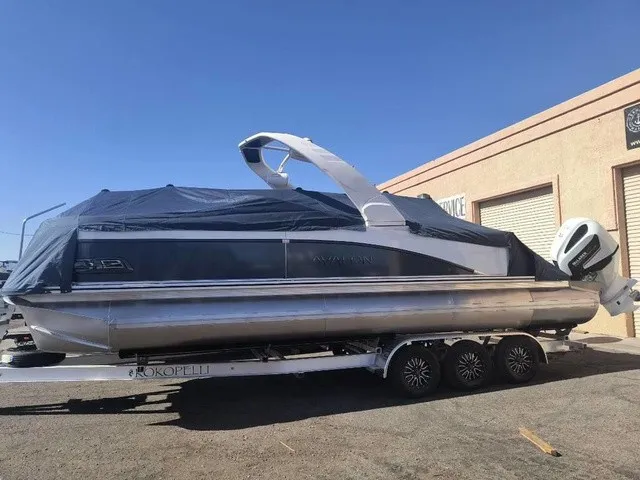 Slide: The Image of A modern pontoon boat with a cover on a trailer, ready for transport. - 2
