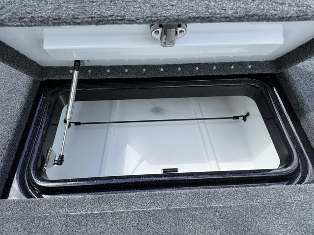Slide: The Image of An open storage compartment with gray carpeting and a hydraulic lift mechanism. - 19