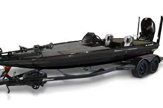 The Image of A black Blazer 650 NAP boat on a trailer with two seats and an outboard motor. - 1