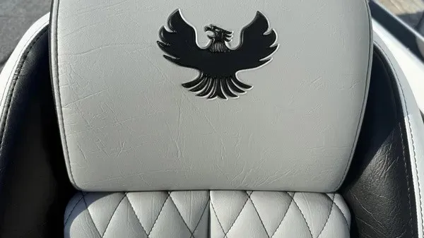 Slide: The Image of Close-up of a seat with a black phoenix logo on gray leather. - 17