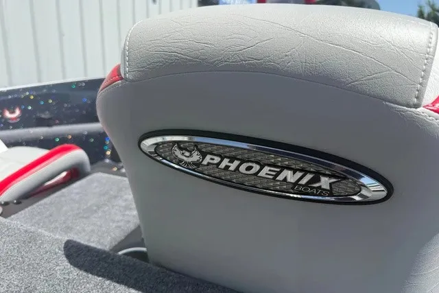 Slide: The Image of Rear view of a Phoenix 819 ZXL boat seat with logo. - 21