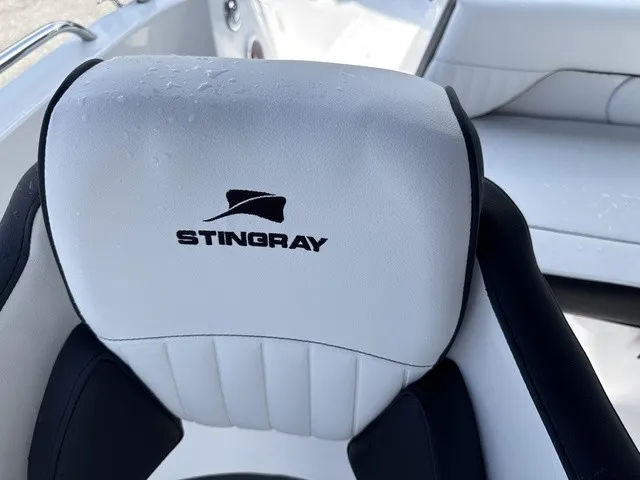 Slide: The Image of Close-up of a white seat with the Stingray logo on a boat. - 18