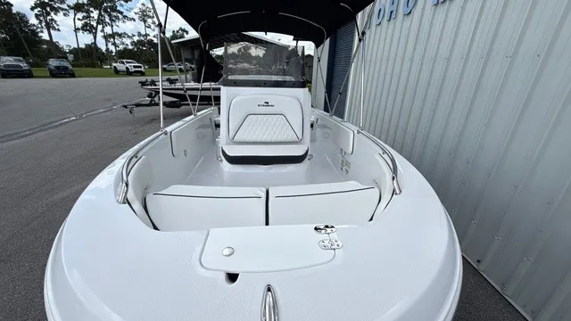 Slide: The Image of The image shows a white Stingray 173 CC boat from 2027 docked at a marina. - 7