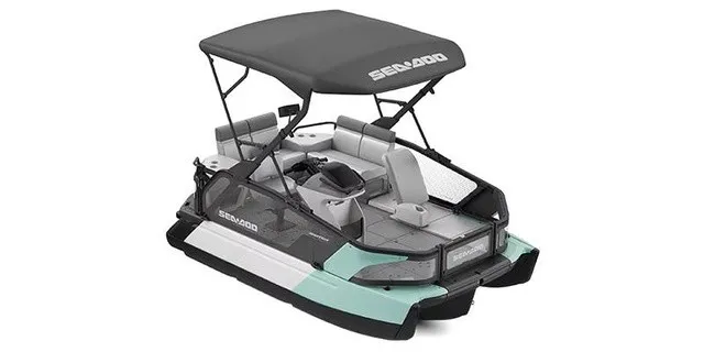 Slide: The Image of A 2026 Sea-Doo Switch Sport Compact with a gray sunshade and seating area. - 1