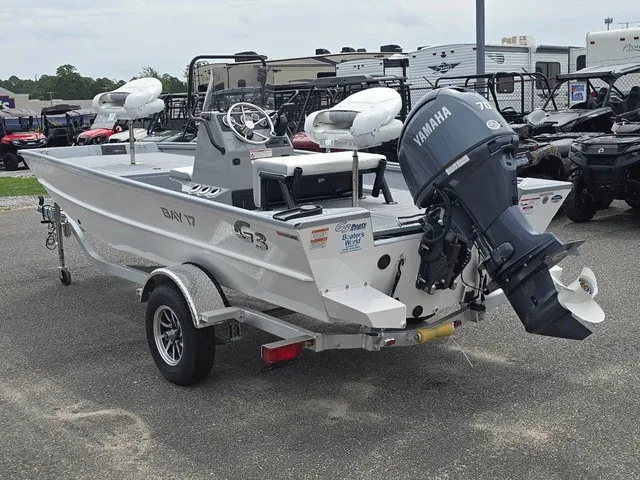 Slide: The Image of The image shows a 2026 G3 Bay 17 boat with a Yamaha outboard motor. - 10