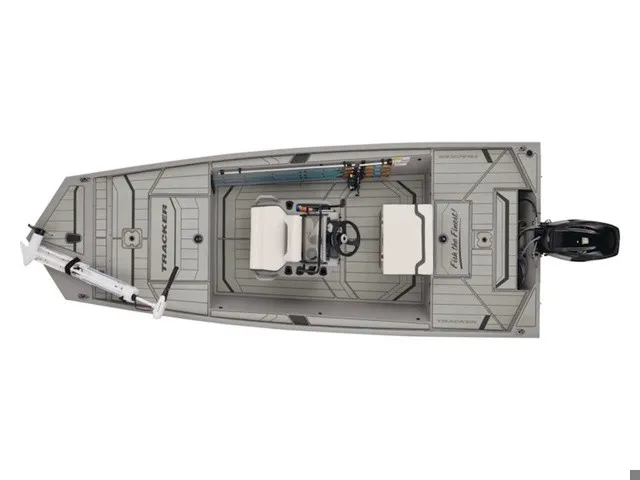 The Image of Top view of a Tracker Bass Tracker Classic CC boat with two seats and an outboard motor. - 1
