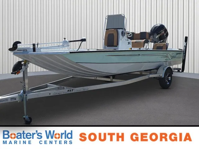 The Image of A 2026 Xpress SW20B boat on a trailer, featuring an outboard motor and elevated helm. - 1