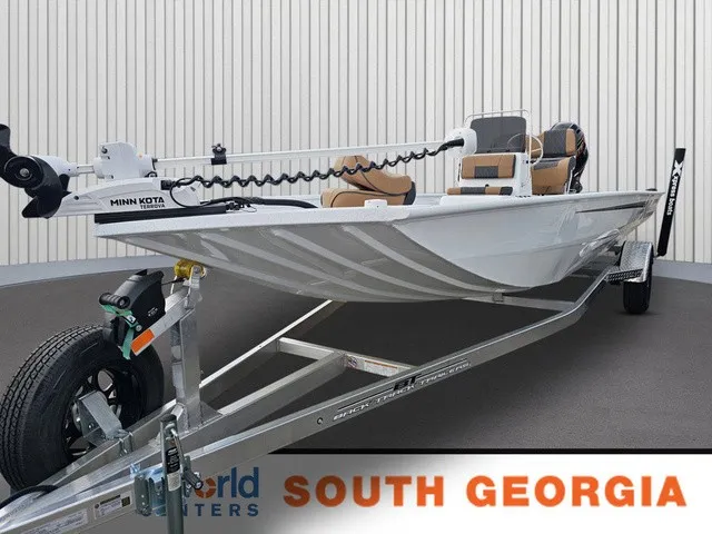 The Image of A white 2026 Xpress XP20CC boat on a trailer, featuring a Minn Kota motor. - 1