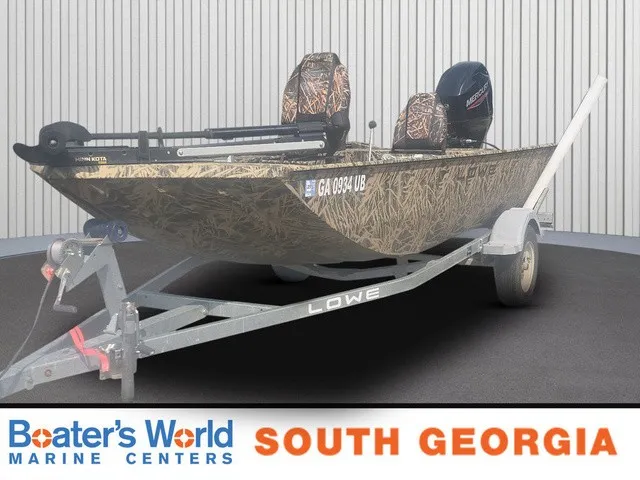 The Image of 2022 Lowe Skorpion SS on a trailer, featuring a camouflage design and a Mercury engine. - 1