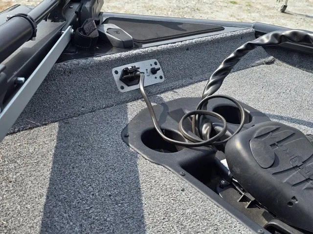 Slide: The Image of Close-up of a 2020 Tracker Pro Team 175 TXW boat deck with cables and mounts. - 18