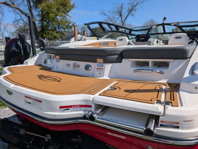 Slide: The Image of The image shows the stern of a 2023 Chaparral 21 SSi boat with a spacious swim platform. - 16