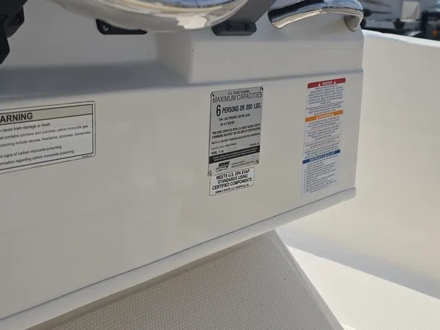 Slide: The Image of Close-up of a boat label showing capacity information and warnings. - 28