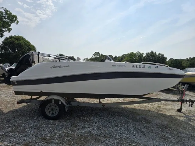 Slide: The Image of A white 2021 Hurricane SunDeck Sport 192 RL OB boat on a trailer outdoors. - 4