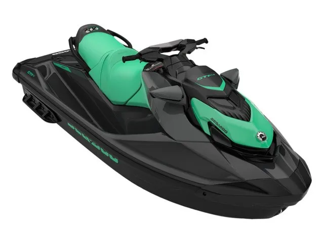 The Image of A 2026 Sea-Doo GTI SE 130 jet ski in black and green, featuring a sporty design. - 1