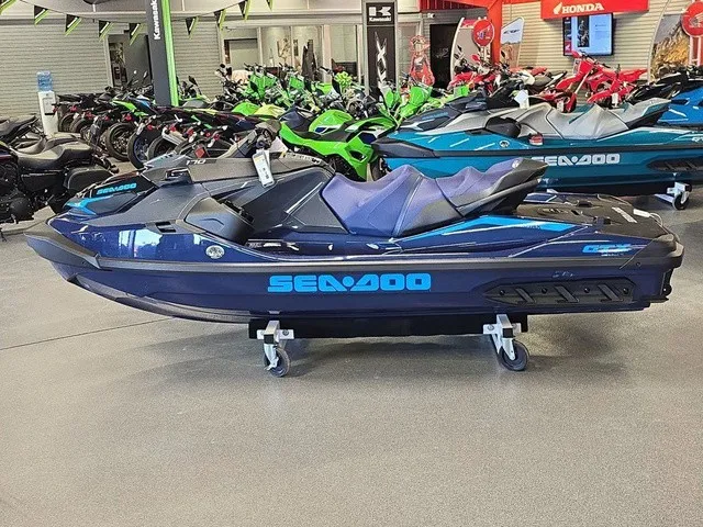 Slide: The Image of A 2026 Sea-Doo GTX 170 jet ski is displayed in a showroom, surrounded by other vehicles. - 9