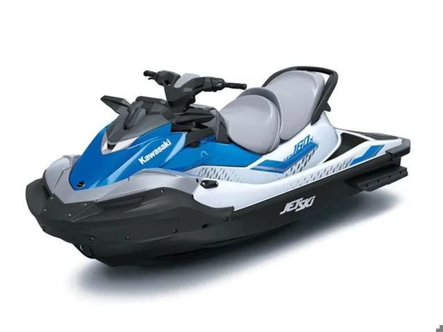 Slide: The Image of A blue Kawasaki Jet Ski STX 2026 with a gray seat and sporty design. - 12