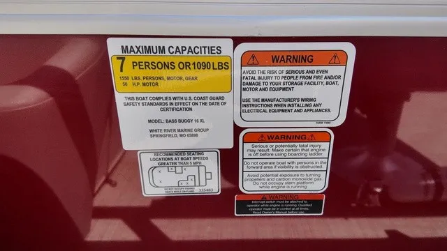 Slide: The Image of Warning labels and capacity information on a boat, including maximum person and weight limits. - 16