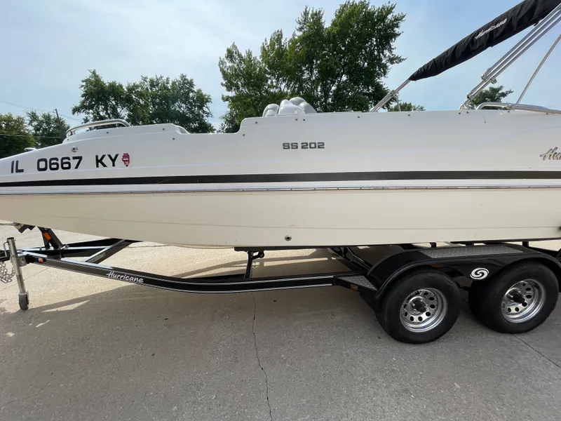 Slide: The Image of A white 2018 Hurricane SS202 boat on a trailer, surrounded by trees. - 8