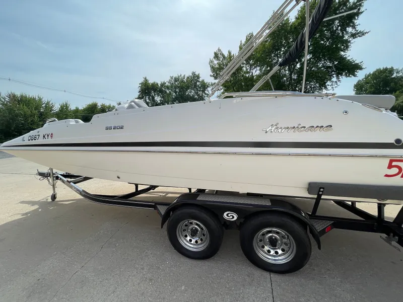 Slide: The Image of A white 2018 Hurricane SS202 boat on a trailer, surrounded by trees. - 7