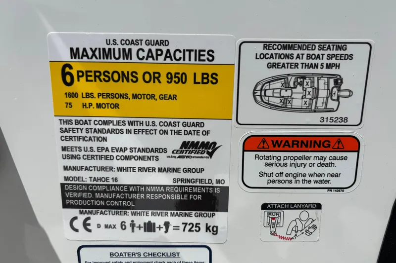 Slide: The Image of 2027 Tahoe T16 boat capacity label: 6 persons, 950 lbs, 75 HP motor, safety warnings included. - 8
